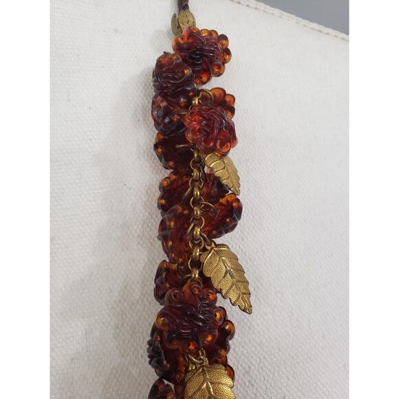 Vintage Celluloid Plastic Faux Tortoise Shell Leaf Flower Bloom Bead Necklace - Picture 3 of 9